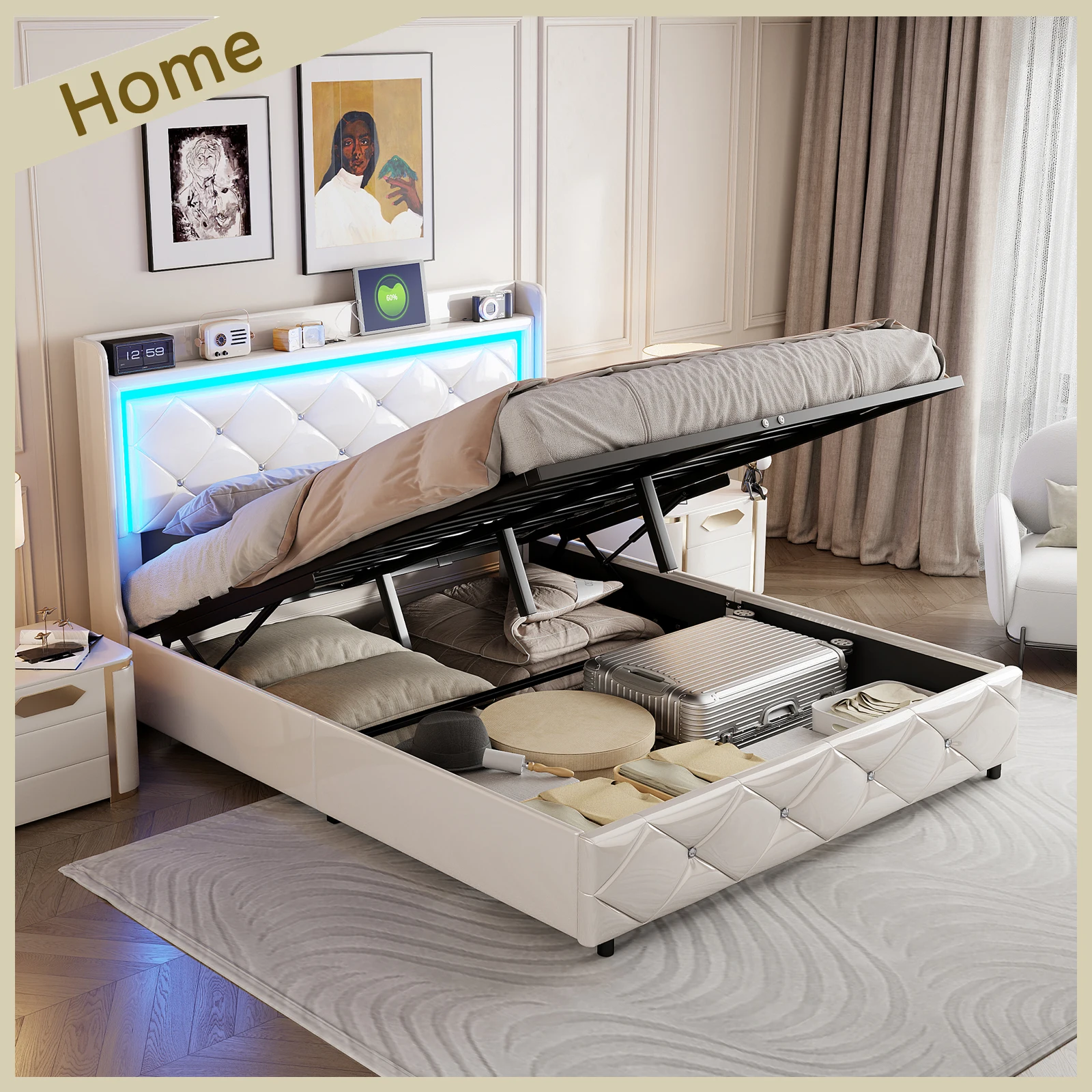 Upholstered Bed with LED Light, Charging Function, Air Pressure Metal Frame and Wooden Slatted Frame, PU, Without Mattress