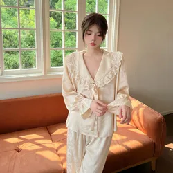 Lace Trim Revers 2 Stuks Pyjama Set Vrouwen Nachtkleding Lente Zomer Shirt Broekpakken Lounge Wear Losse Satijn Homewear Pijamas pak