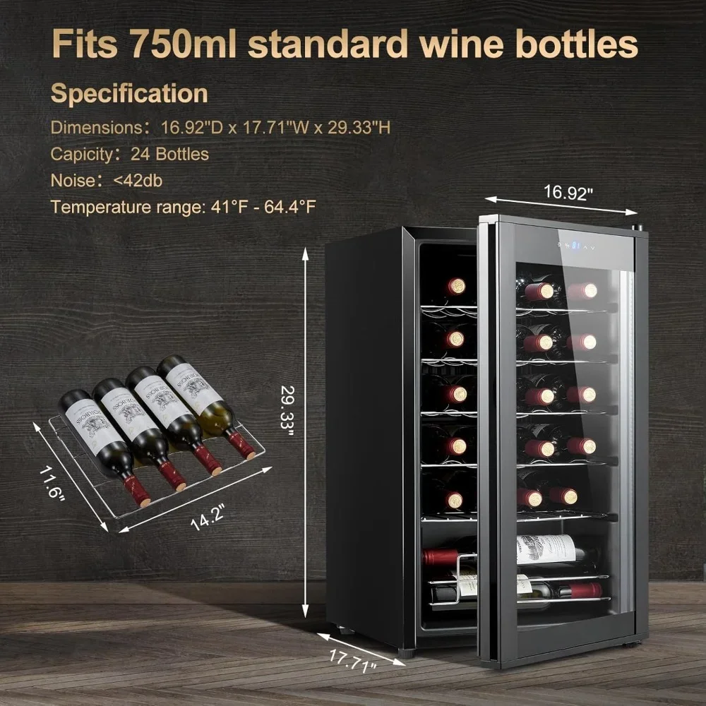 Compressor Wine Cooler, 24 Bottle Mini Fridge with 41-64.4°F Digital Temperature Control Glass Door