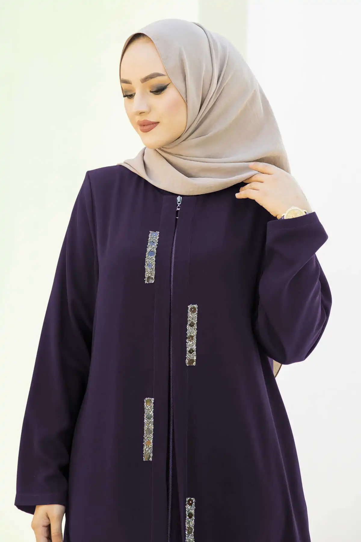 Stone Detail Abaya Ferace Purple Winter Autumn 2021 Muslim Women Hijab headscarf Islamic Turkey