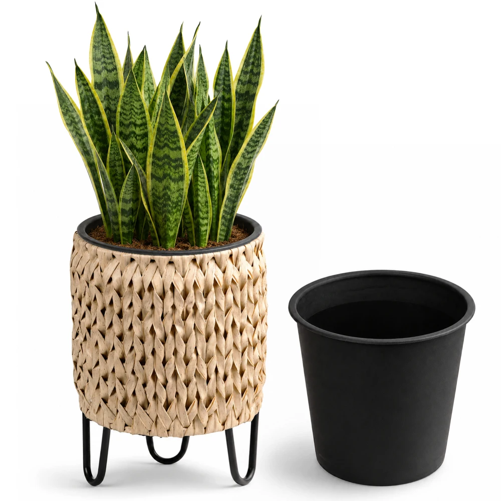 Polyrattan Planter with Stand, Natural Resin Wicker Plant Pot with Steel Legs – Indoor Outdoor Decorative Planter with PP Insert
