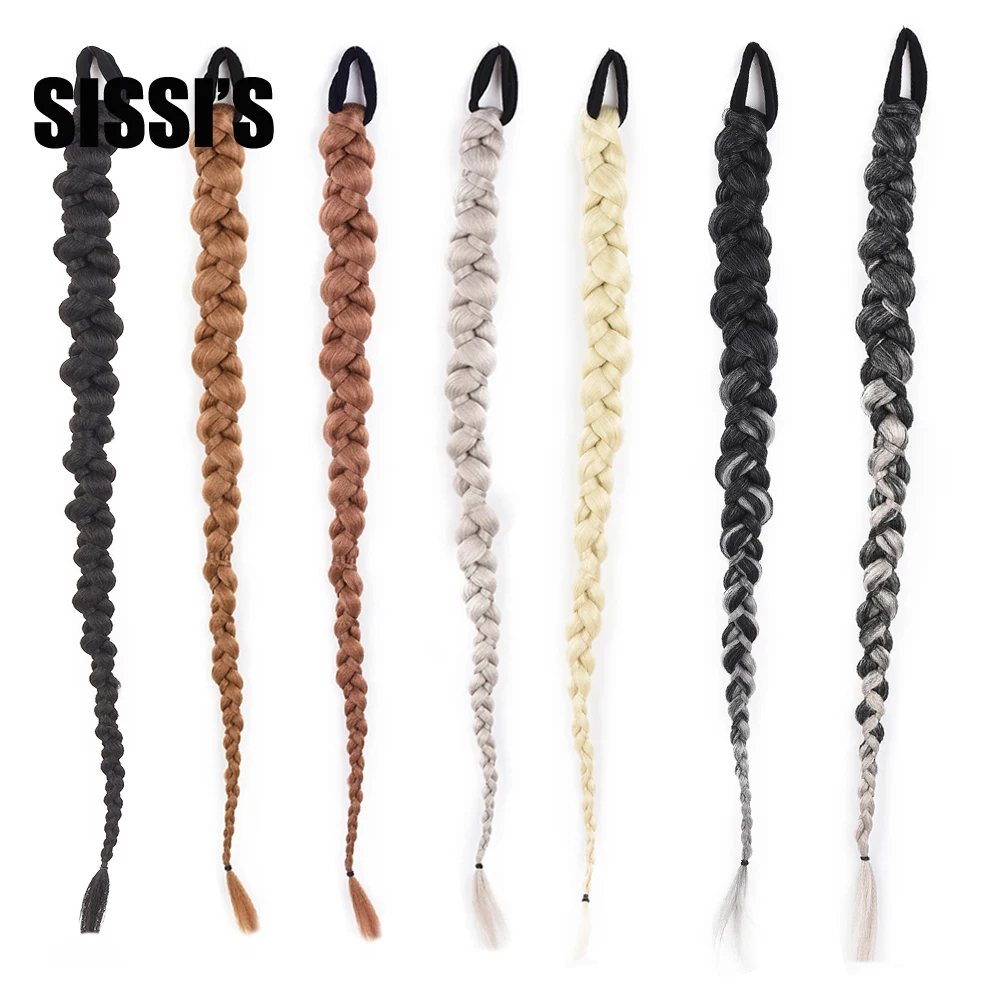 32Inch Long Box Braid Ponytail With Rubber Band Hair Ring Synthetic Boxing Braids Crochet Braid Hair Extensions For Black Women