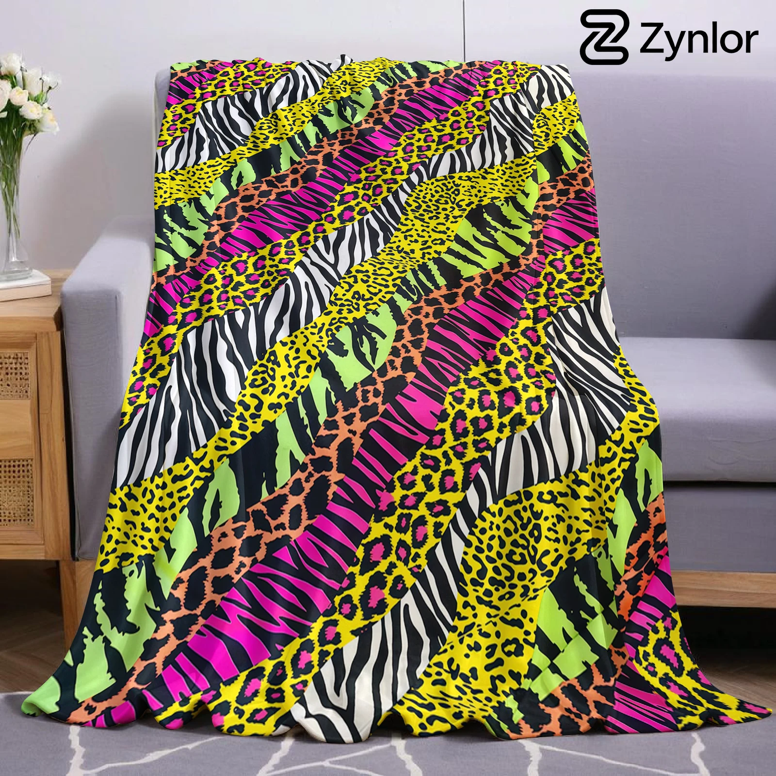 Wild Animal Mix Cartoon Anime Print Flannel Blanket Soft Warm Throw for Kids Bedroom Sofa Bed Christmas Office Car