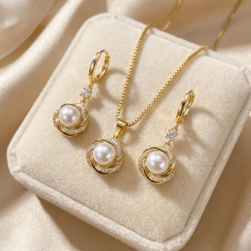Vacation Versatile Zircon Jewelry Sets Elegant Dainty Imitation Pearl Jewelry Sets Trendy Shining Necklace Earrings Sets Evening