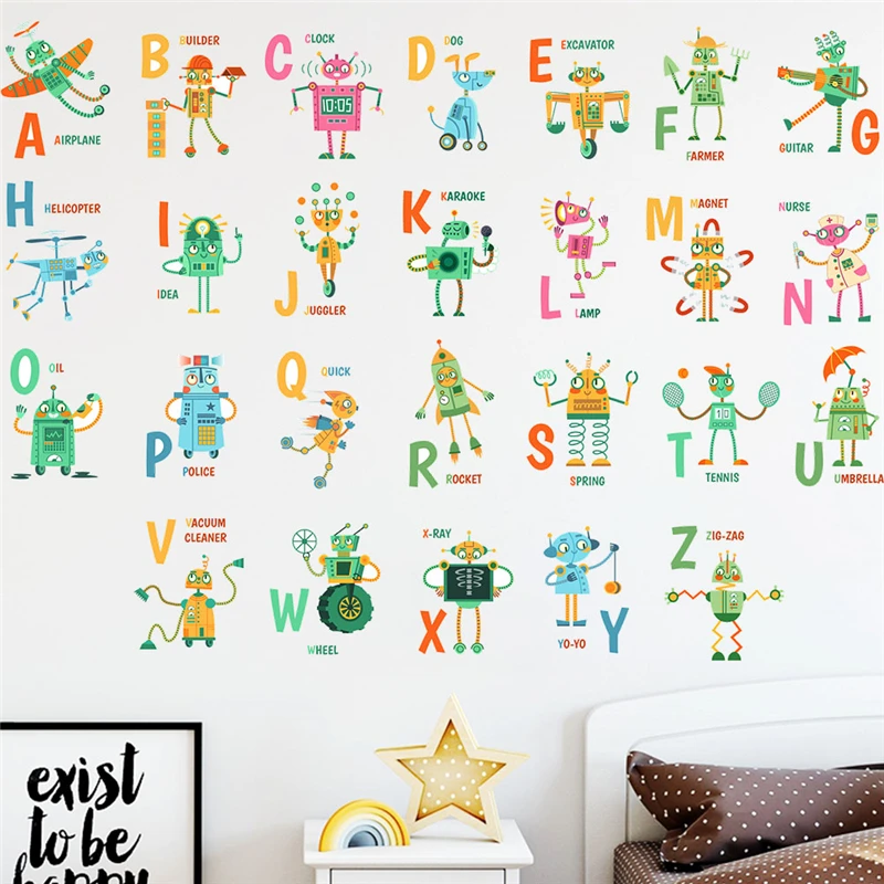 Funny Robots Letters Wall Stickers For Kids Bedroom Decoration Diy English Alphabet Mural Art Home Decals Educational Posters