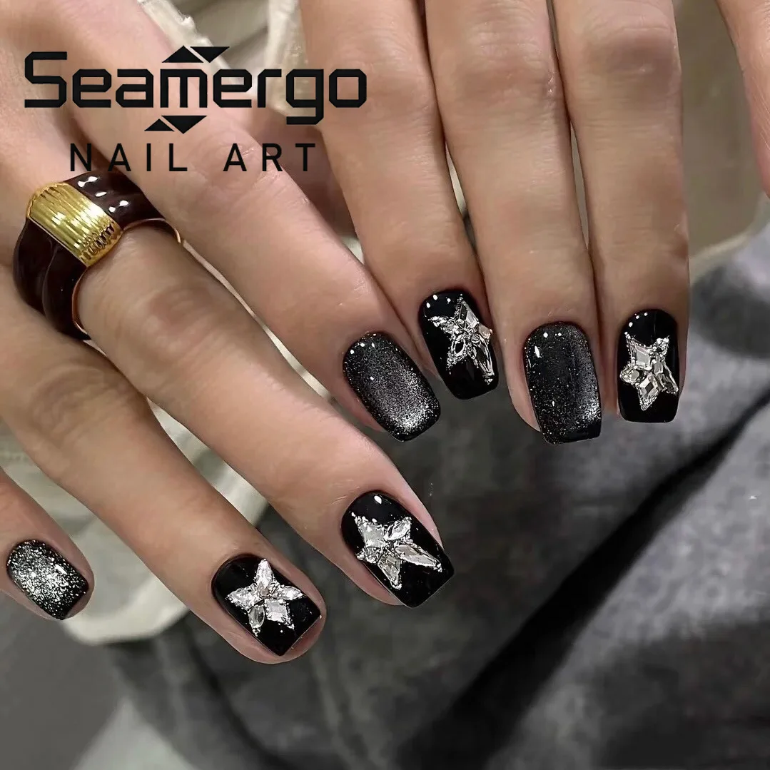 

24PCS Medium Square False Nails Black Cat Eye Effect Press on Nails Flash Magnetic Design Wearable Nails Art for Women Glossy