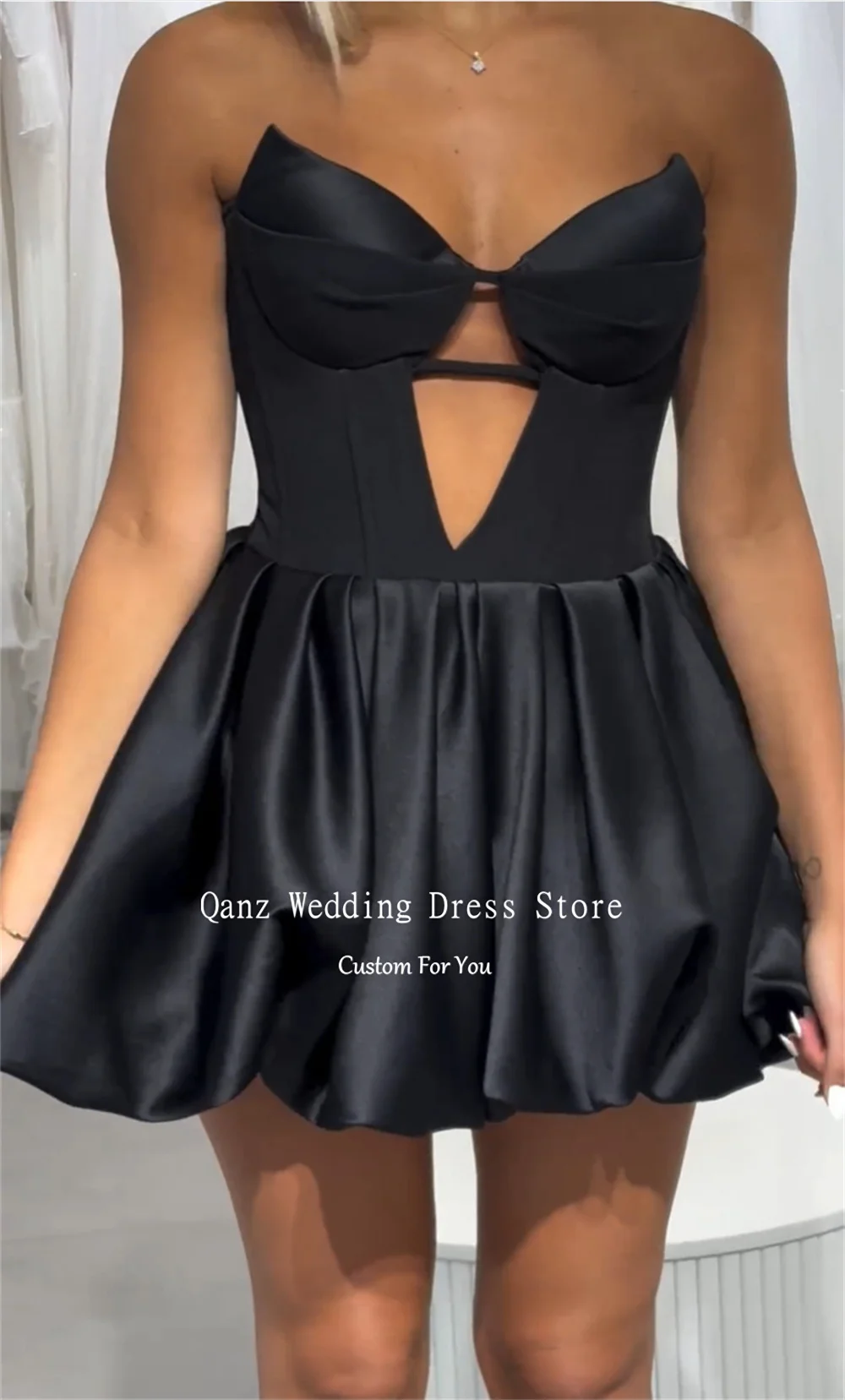 Qanz Customized Black Mini Prom Dress Strapless Short Satin Corset Dresses Special Occasions Vestidos De Fiestas Elegantes Muj