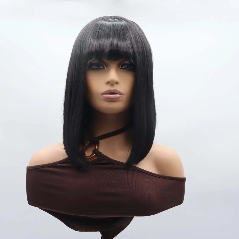 

Парики Сильвия, черные синтетические парики спереди, с челкой, короткий прямой парик Боб, термостойкое волокно, волосы 14 дюймов