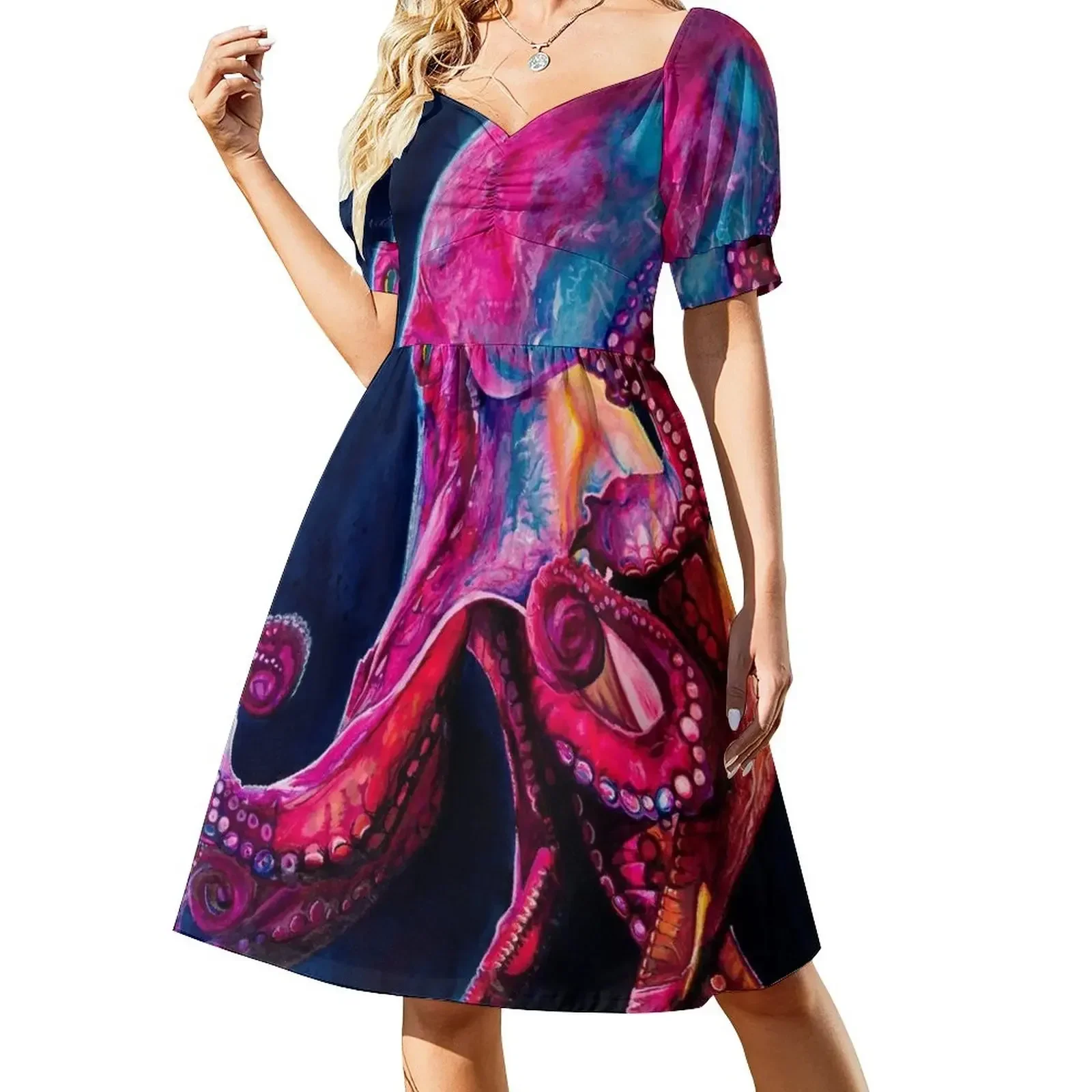 

Deep colourful pink and blue octopus ink painting from the depths Sleeveless Dress purple dress Dress