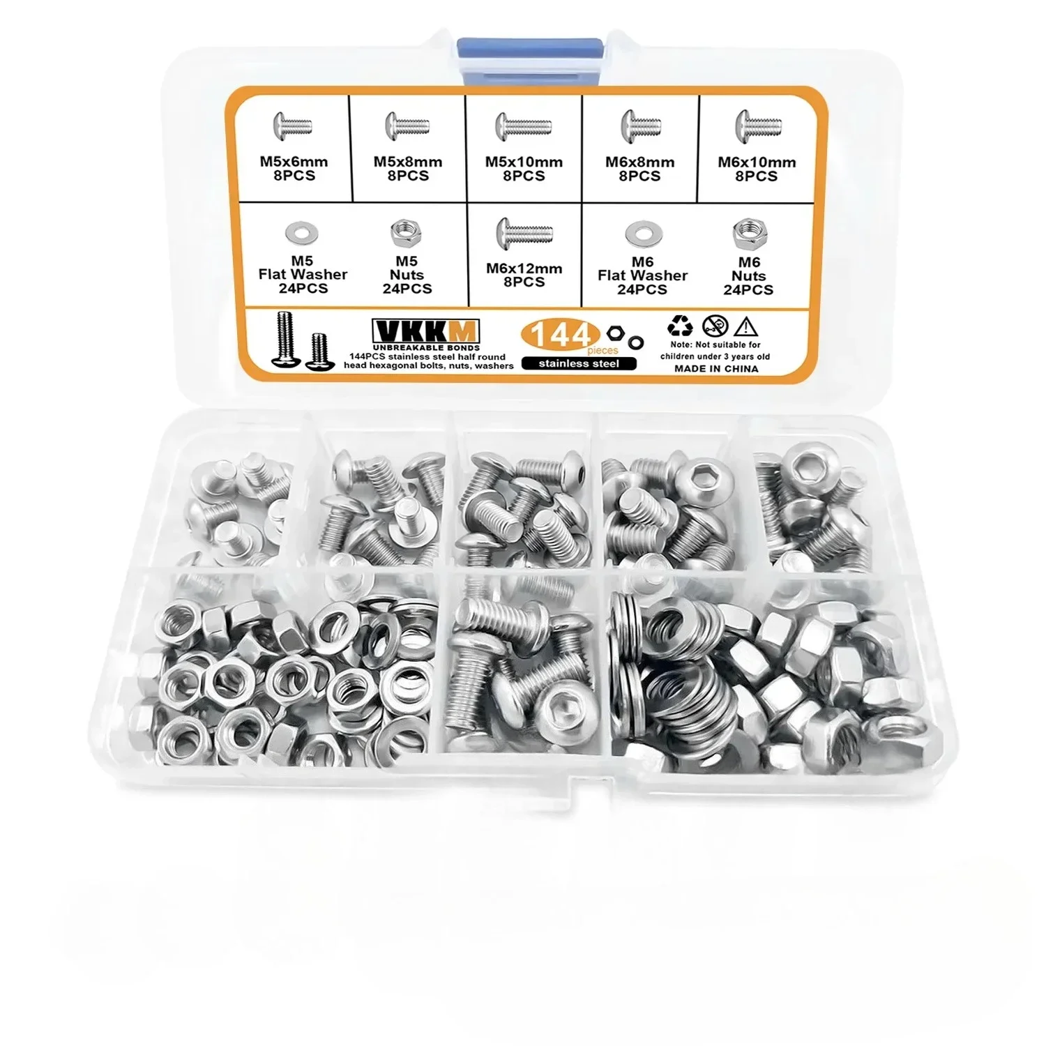 

VKKM 144PCS Button Head Socket Cap Screws - 304 Stainless Steel, M5/M6 Sizes, Hex Drive, Countersunk Design, Corrosion-Resistant
