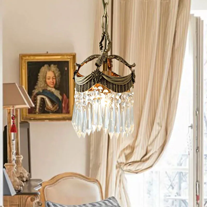 Vintage French Copper Porch Small Chandelier Corridor Balcony Retro Pendant Lighting Bedroom Bedside Crystal Hanging Lamp