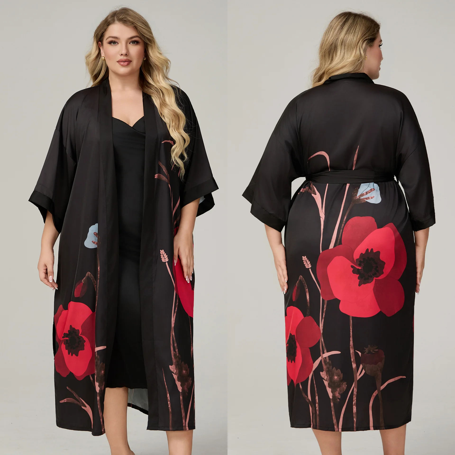 Pajama women's satin print plus size luxury seven-quarter sleeve robe ladies' home service suit