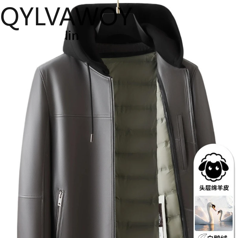 

QYLVAWOY 2025 зимняя мужская куртка-пуховик из натуральной овчины, утолщенная кожаная куртка на гусином пуху, новый стиль, верхняя одежда LJ2615