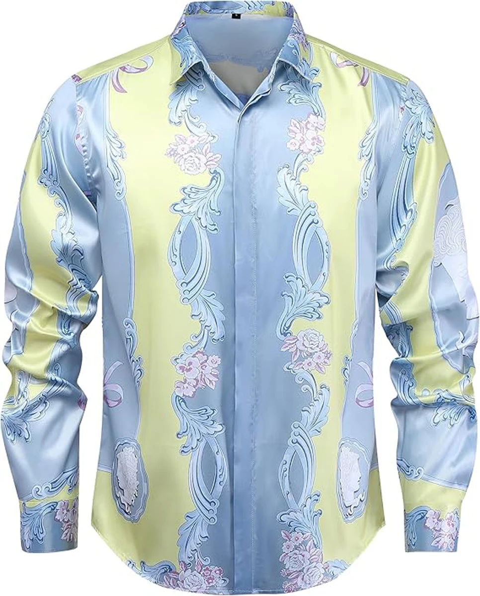 2025 Camisa ligera de lujo con estampado 3D de cadena de negocios para hombre, fiesta en casa, manga larga, botón de solapa, ropa hawaiana de manga larga para hombre