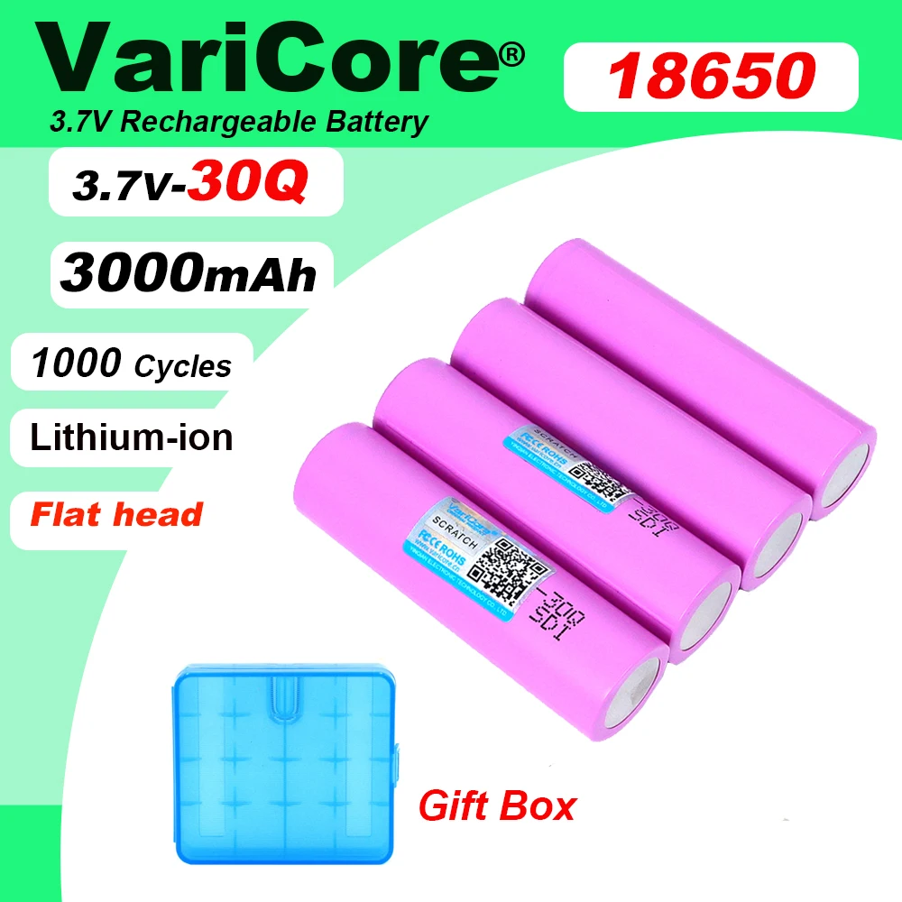 

4 шт. VariCore 100% оригинал 18650 30Q аккумуляторная батарея 3000 мАч литий-ионные батареи + ящик для хранения