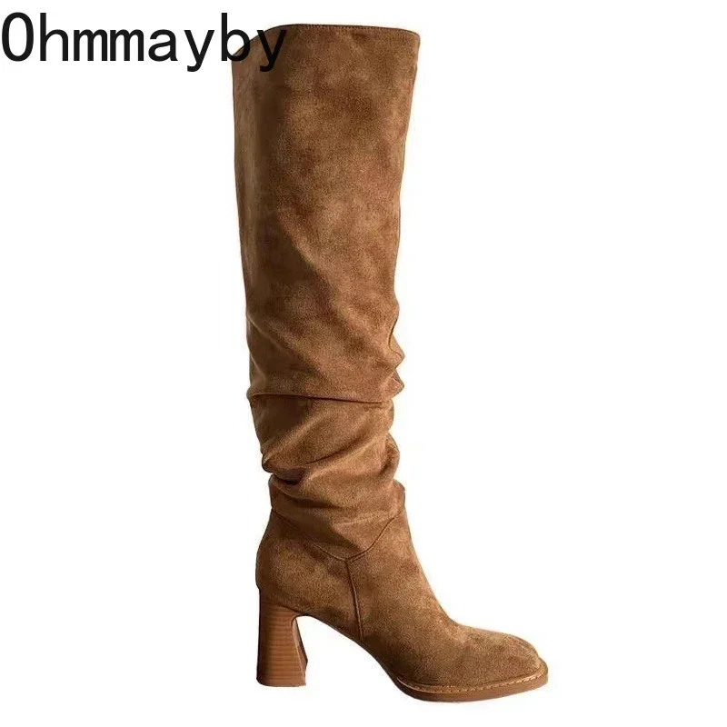 Slip On Women Western Knee High Boots Fashion Pleated Sewing Pumps Autumn Winter Thick Heel Ladies Modern Long Booties