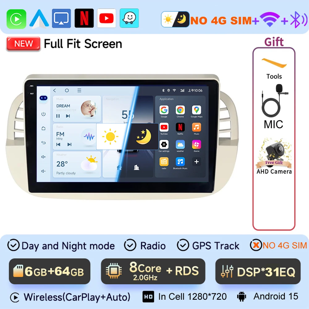 JIUYIN 9 "Android 15 Autoradio Voor FIAT 500 2007-2015 Multimedia Draadloze CarPlay Android Auto GPS Navigatie 4G Stereo Scherm