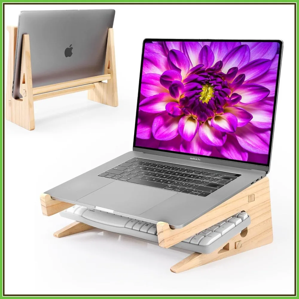 

Wooden Laptop Stand for Desk, Horizontal & Vertical Laptop Riser with Keyboard Storage, Fits 13-17 Inch Laptops