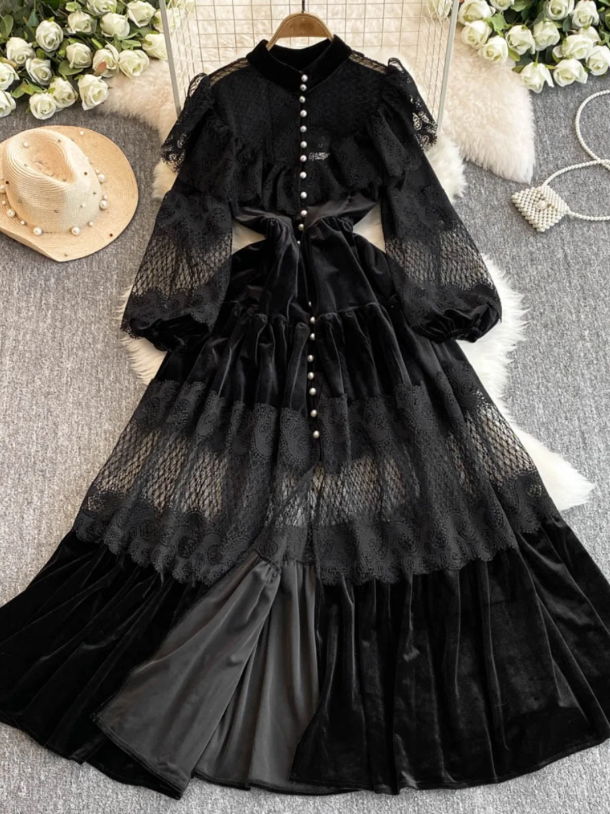 Retro Faion Velvet Long Skirt with Pearl Single Button Lace Splicing High Collar A-Line Dr Korean Sle Commute Dr