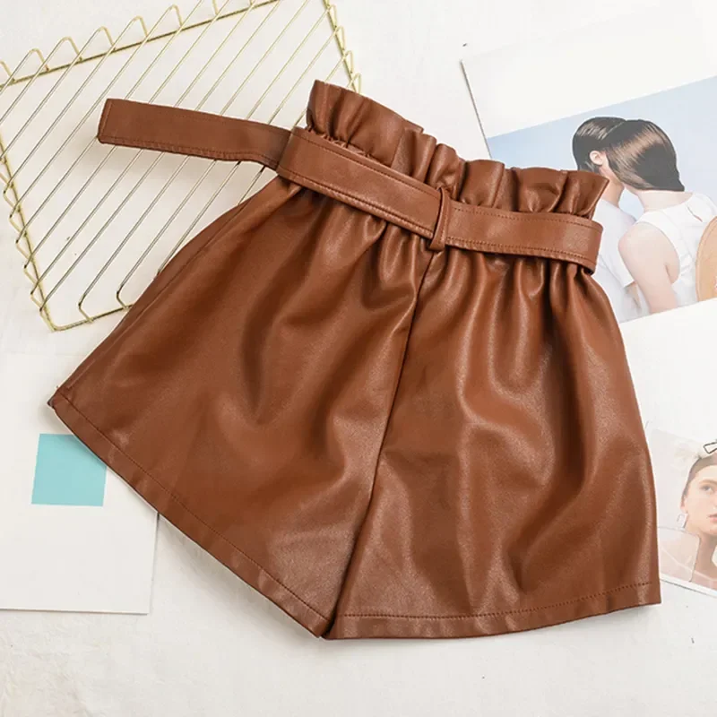 Women Chic Fashion Faux Leather Shorts Vintage High Waist Female Shorts All-Match Solid Color Loose Casual Pants