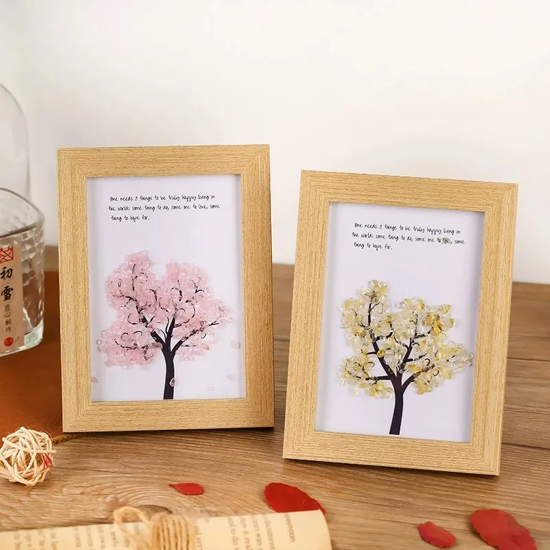 Natural Crystal Crushed Stone Specimen Ornament Purple And Yellow Amethyst Tree Of Life Decorative Painting Photo Frame