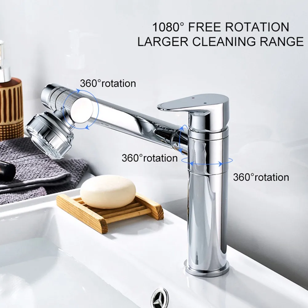 1080° Swivel Bathroom Sink Faucet Water Mixer Deck Mounted Single Handle Splash Proof Water Tap Shower Head Aerators Tapware