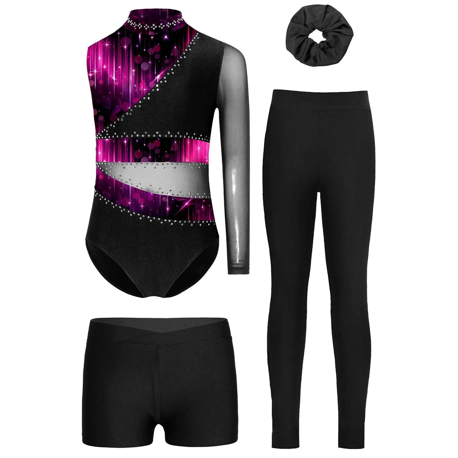Girls Gymnastic Outfit Asymmetric Sleeve Rhinestones Leotard with Shorts Long Pants Hair Tie Sets for Sports Gymnastic Workout