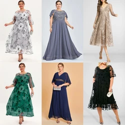 Plus Size Mother Of The Bride Navy Blue Chiffon Cape Sleeve V-neck Decorative Sequin Fold Tunic Maxi Dress