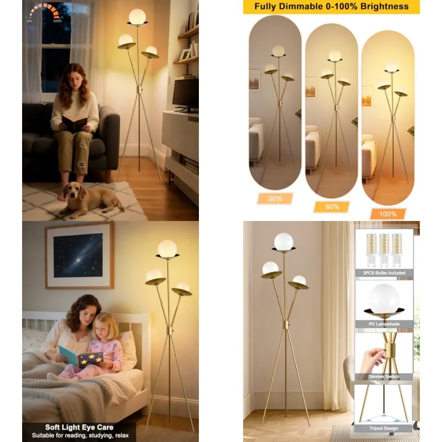 

Floor Lamp Dimmable Floor Lamps with LED Bulbs Included, 3000K Soft Warmwhite Mid Century Modern Standing Lamps Gold Tall Lamp