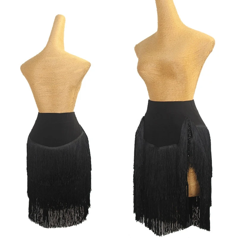 Spódnica do tańca latynoamerykańskiego z wysokim rozcięciem, damska, czarna, z frędzlami, seksowna odzież treningowa do cha-chy, rumby, samby, dla dorosłych.