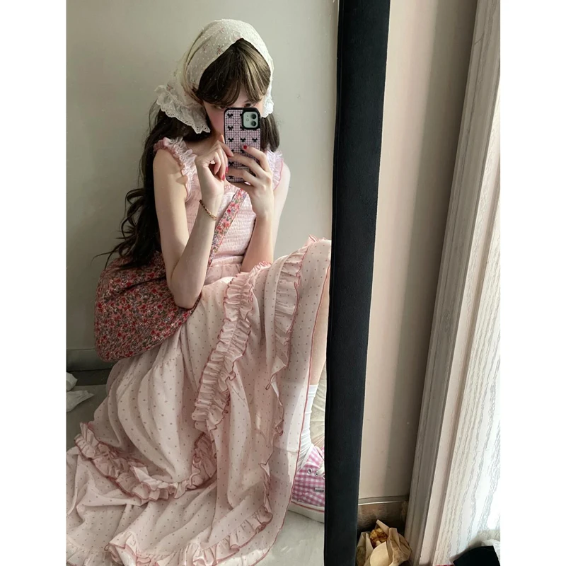 

Нежное платье-юбка Pure Desire Sweet Milk в горошек с завышенной талией, розовое, в стиле феи, с рукавами-колокол или без рукавов, женское