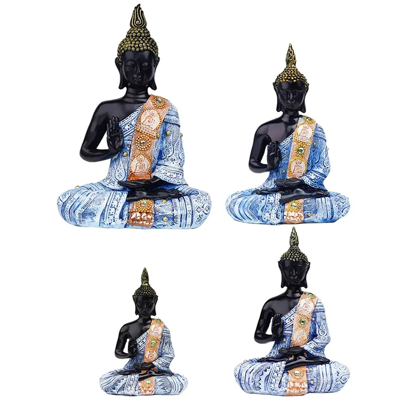 Thai Sitting Buddha Statue for Home Decoration, Antique Meditative Buddah Statues, Meditation Mini Buddha Figurine, Black Blue