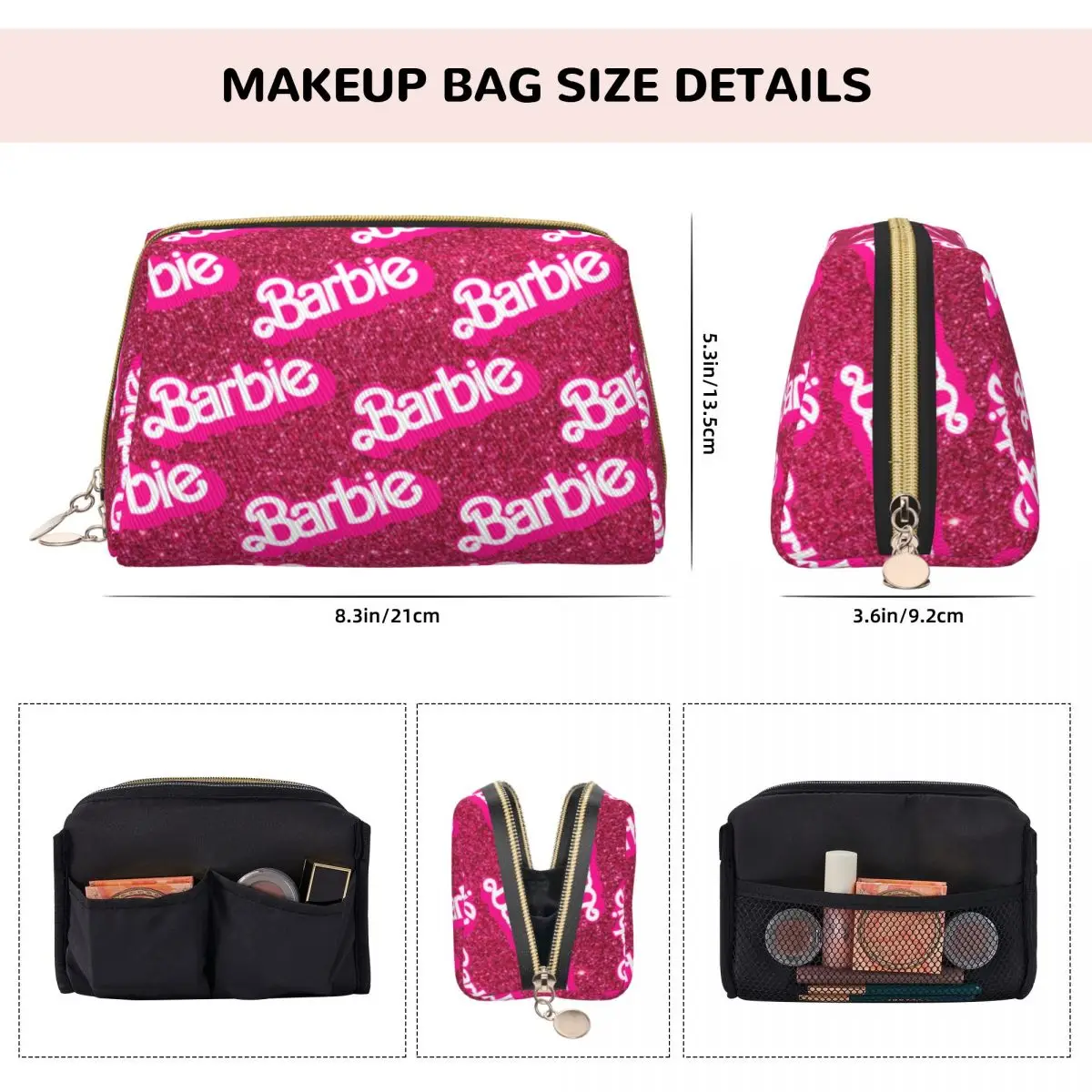 Borsa per il trucco rosa Barbie elegante borsa per cosmetici di grande capacità accessori per articoli da toeletta di bellezza con cerniera per