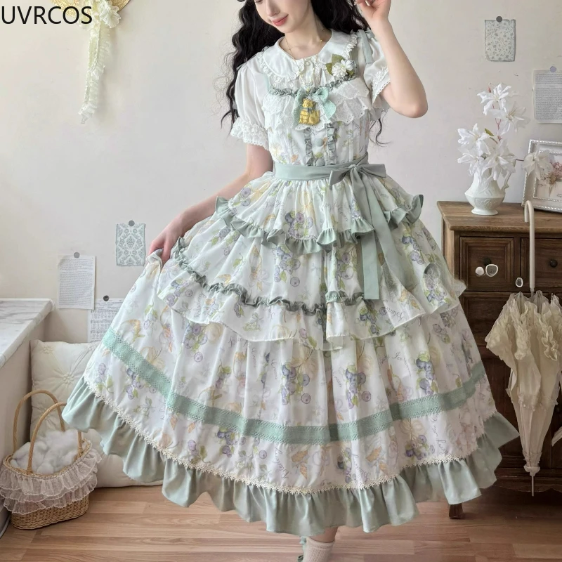 Kawaii Cute Grape Print Ruffles Bow Princess Dresses Vintage Evening Party Dress Victorian Sweet Elegant Lolita Jsk Dress Women view 5
