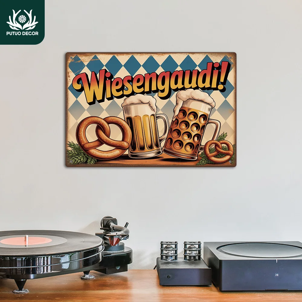 Putuo Decor 1pc German Vintage Metal Tin Sign, Wiesengaudi!, Wall Art Decor for Home Oktoberfest Party, Gift