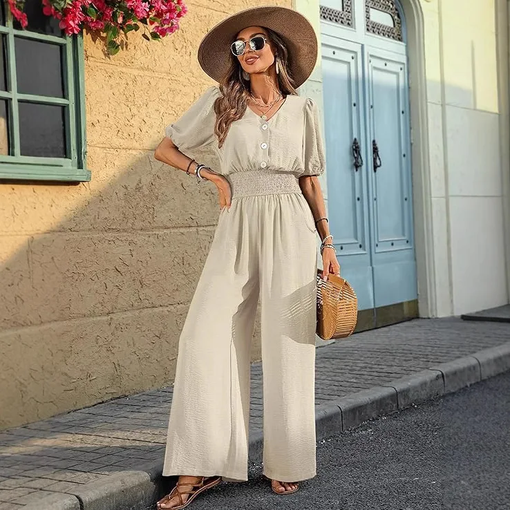 

Women's New Short Sleeve Wide Leg Jumpsuit Elastic Waist Slim Fit Elegant Commute Versatile Loose Comfortable Office Lady Outfit