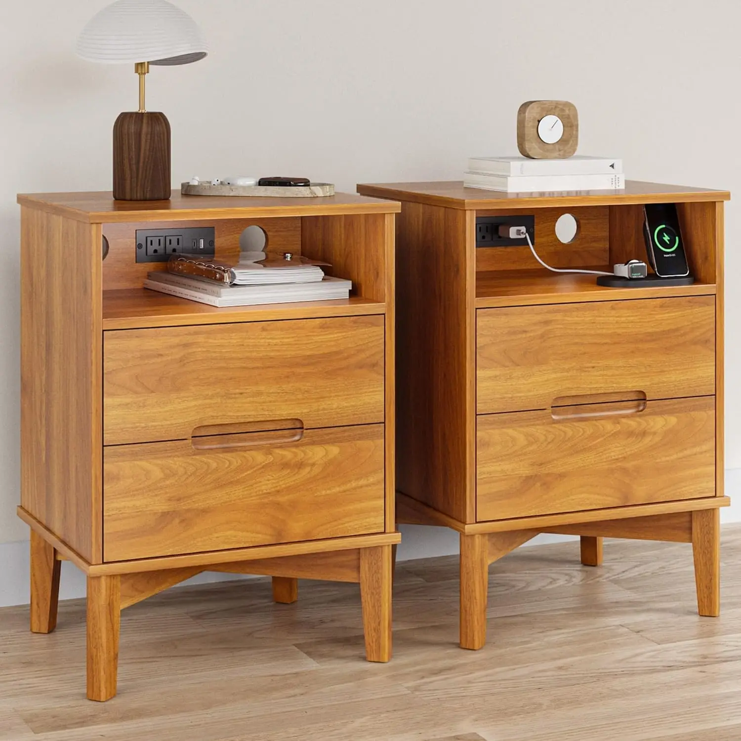 new Wood Nightstand Set of 2 with Charging Station & USB-C, 26