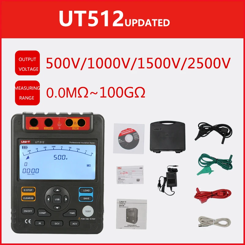 UNI-T Insulation Resistance Tester UT512 Grounding Meter 1MΩ～100GΩ 9999 Display Professional Digital Megohmmeter AC DC Voltmeter