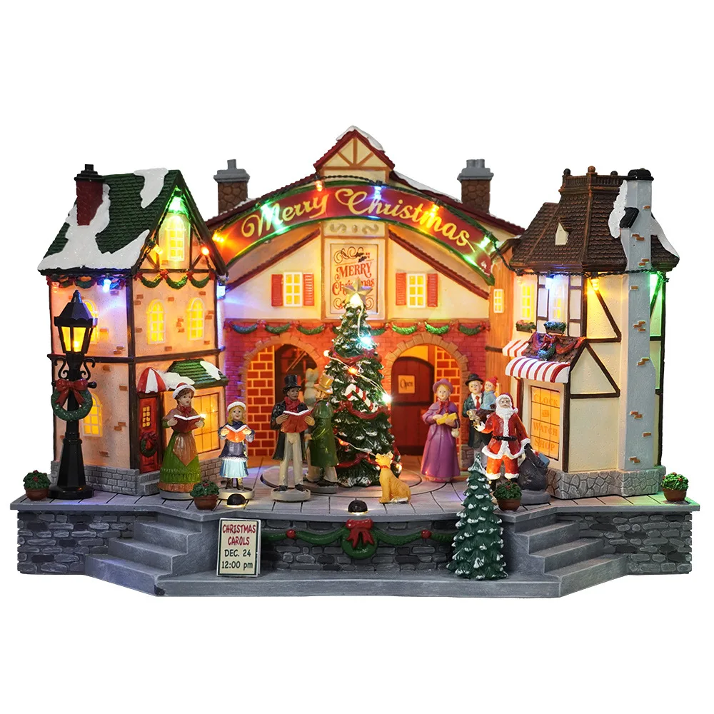 Stock New large Christmas decorations colorful light Christmas town resin crafts decoration music box