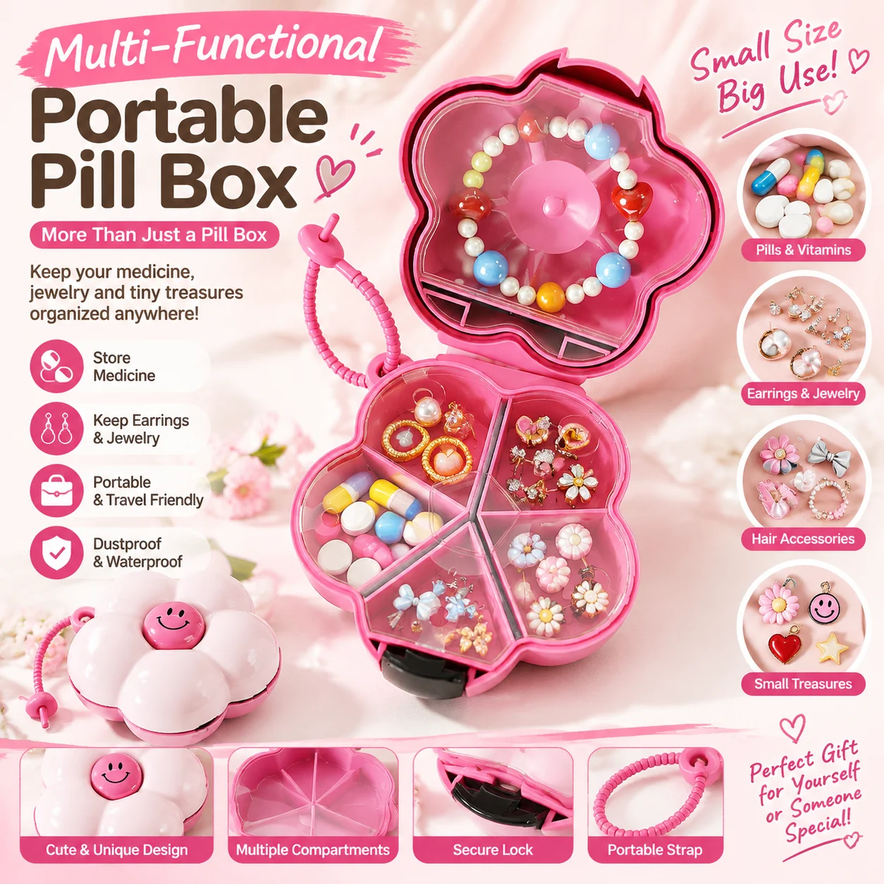Mini Pill Organizer 7 Day Portable Medicine Box Dopamine Color Multi Compartment Travel Pill Case BPA Free Drug Storage Kit
