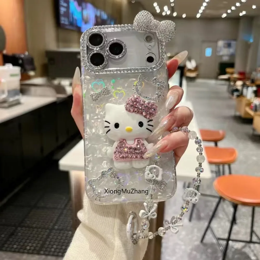Luxuriöse 3D-Diamant-Sanrio-Hello-Kitty-Handyhülle für iPhone 17 18 Pro 11 12 13 14 15 Plus 16 Pro Max Funda mit Kette, Niedliche Hülle – Detail 3