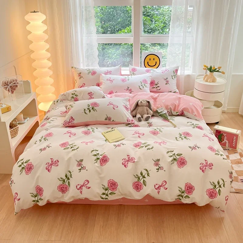 Floral Botanical Duvet Cover Set Cotton Pink Bows Reversible Bedding for Girls Women Farmhouse Aesthetic Garden for All Seasons