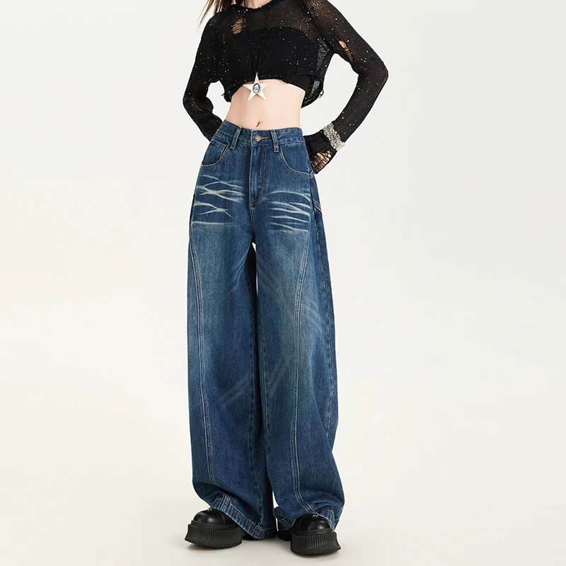 

2025New autumn style American high street personality loose wide-leg jeans for women, slimming straight loose floor-length pants