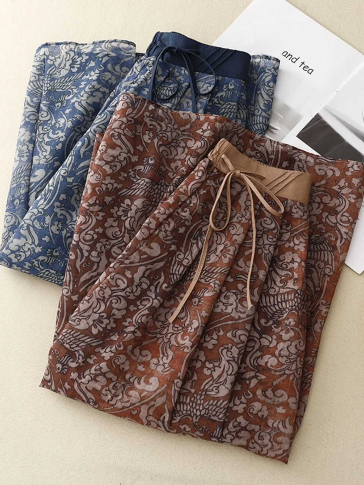 Falda Midi Retro con Estampado Floral, Cintura Alta con Cordón, Lino y Aodón, Estilo Informal para Mujer