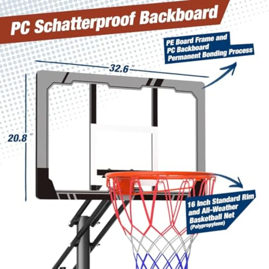 Draagbaar basketbalringsysteem met verstelbare hoogte van 4,9 tot 8,5 voet met een onbreekbaar bord van 32 inch, ideaal voor
