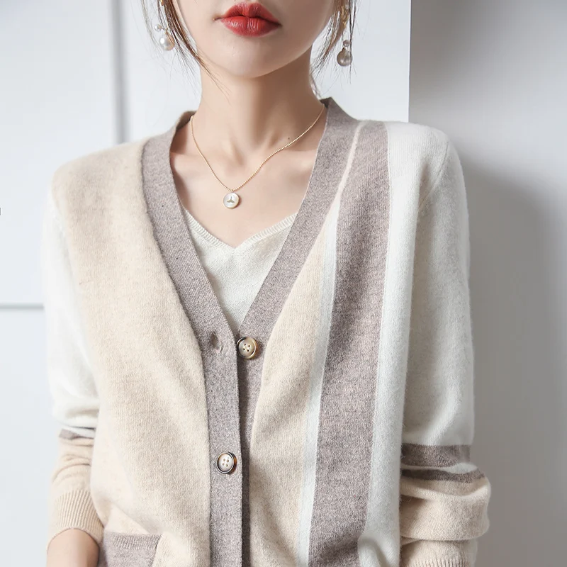 

Fashion 100% Merino Wool Button-Down Fashion Color-Blocking Cardigan Cashmere Soft Solid Long Sleeve Basic Clothing Tops