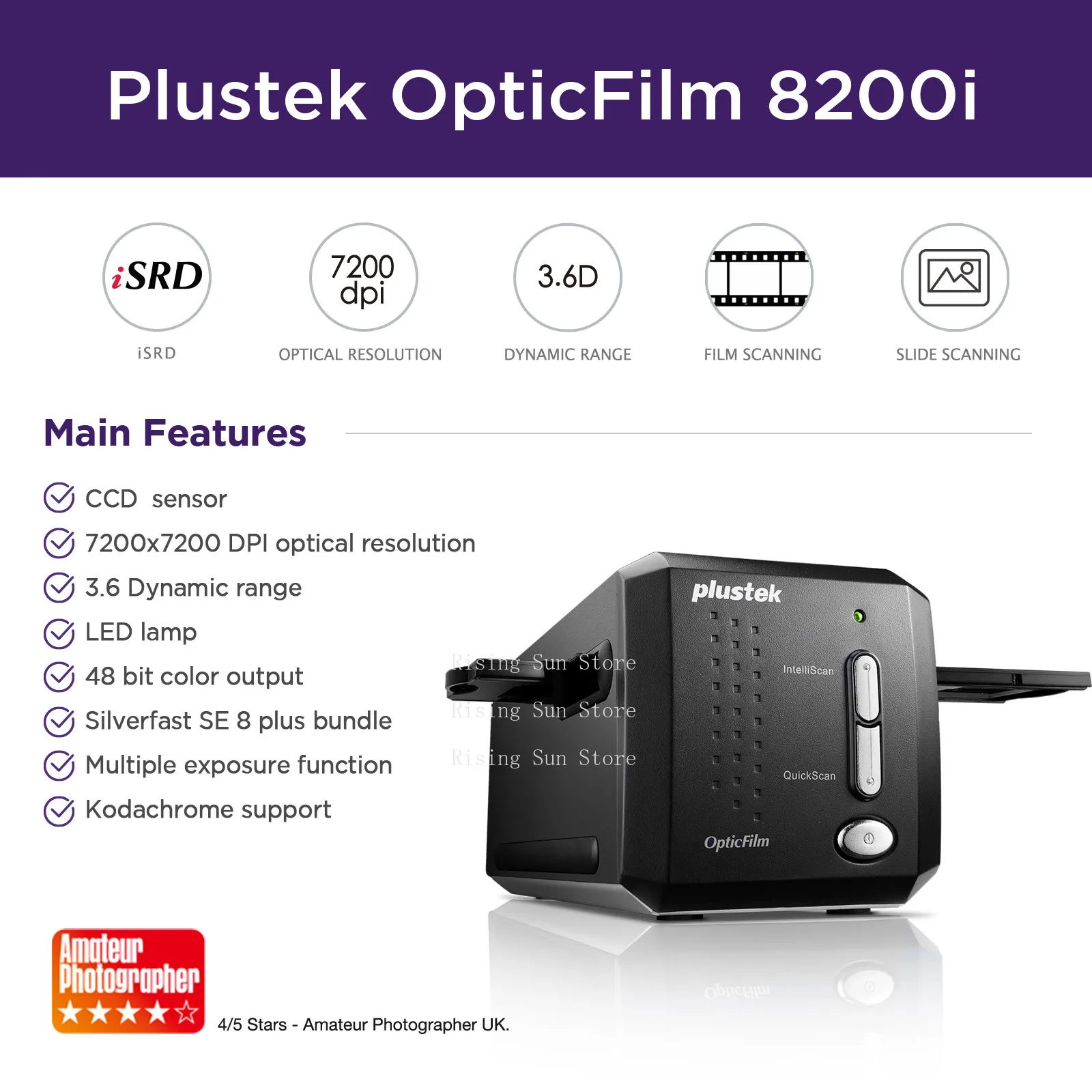 Plustek OpticFilm 8200i SE, 35mm film and slide scanner. 7200 dpi/48 bit output. Integrated IR dust removal/scratch removal.