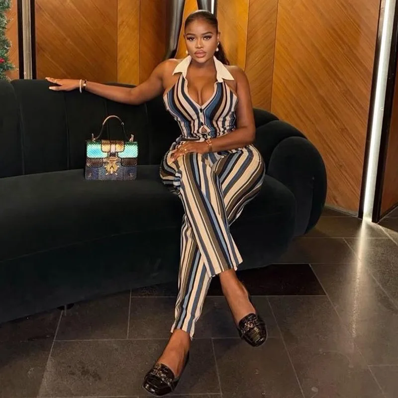 Trendy Women's Clothing With Unique Stripes, Slim-fit Pants Set For Going Out, V-neck Buttoned Fashion Printed Two-piece Set