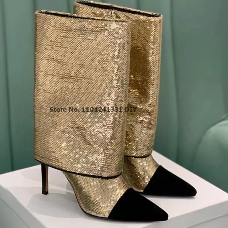 Bling Bling Patchwork Thinhigh Heel Women Short Boots Pointed Toe Contrast Gold Color Stiletto Heels Wedding Party Dress Shoes