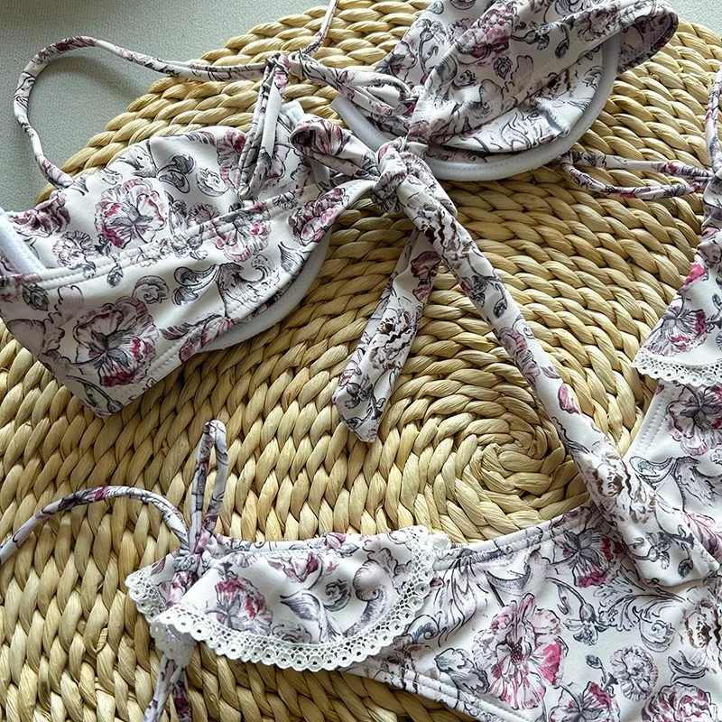 ヴィンテージプリントマイクロビキニ水着 レディース スプライスレースエッジ Gストリングビキニセット 2025新作 ビーチバケーション エレガント ツーピースセット